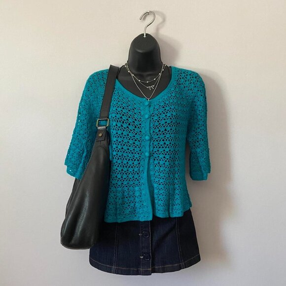y2k 2000s whimsical teal blue open knit crochet fairy cardigan - Picture 5 of 8